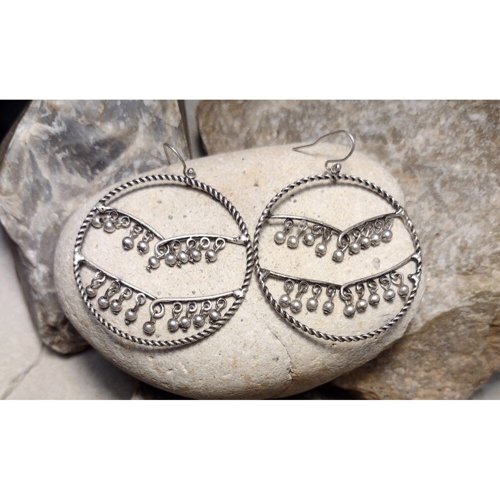 Vintage Ball Silver tone  Beaded Hoop Dangle Boho Earrings
